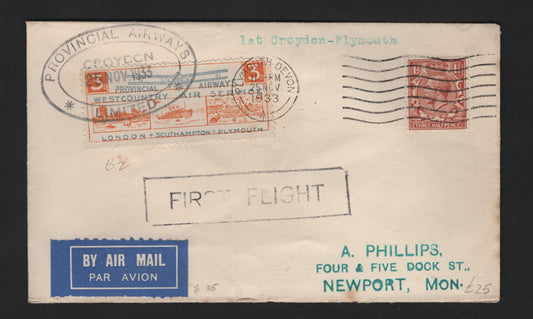 Lot 317 (C)Great Britain SG#420 1.5d Red Brown - Blue & Orange Yellow King George V, 1924-1926 King George V Issue, A Very Fine Used Cover, Provincial Airways First Flight For The Croydon-Plymouth Flight, Nov 25 1933