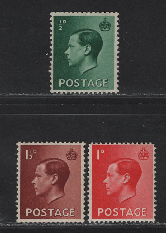 Lot 319 Great Britain SG#457wi, 458wi, 459wi 1/2d - 1.5d Green - Red Brown King Edward VIII, 1936 King Edward VIII Issue, 3 F/VFNH Booklet Singles, Inverted Wmks