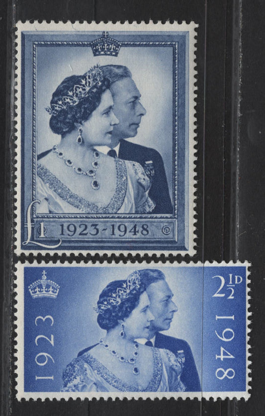 Lot 323 (C)Great Britain SG#493-494 2.5d - £1 Ultramarine - Chalky Blue King George VI & Queen Elizabeth, 1948 Silver Wedding Issue, 2 FNH Singles