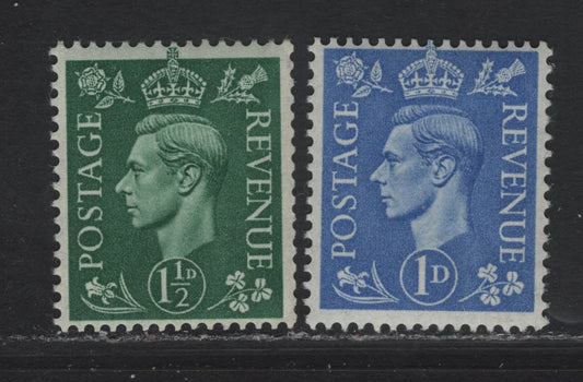 Lot 324 Great Britain SG#504wi, 505wi 1d - 1.5d Ultramarine - Green King George VI, 1950-1952 KGVI Dulac Portraits Issue, 2 FNH Booklet Singles, Inverted Wmk