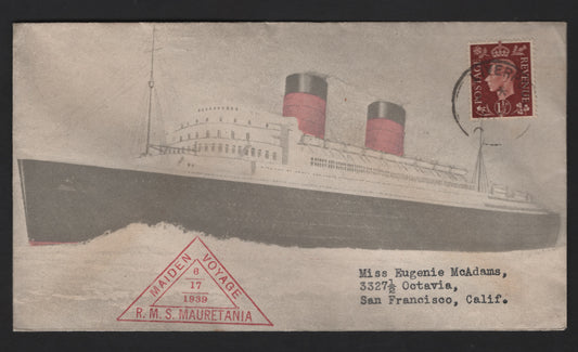 Lot 325 Great Britain SG#464 1.5d Red Brown - Blue & Orange Yellow King George VI, 1937-1947 KGVI Issue, A Very Fine Used Cover, RMS Mauretania Maiden Voyage, Single Usage On June 1939 Cover