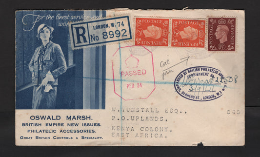 Lot 326 Great Britain SG#464, 465avar 1.5d - 2d Red Brown - Orange King George VI, 1937-1947 KGVI Issue, A Fine Used Cover, Franked With Coil Pair & Single, Illustrated Oswald Marsh Cover To Kenya Sent Sept 1941