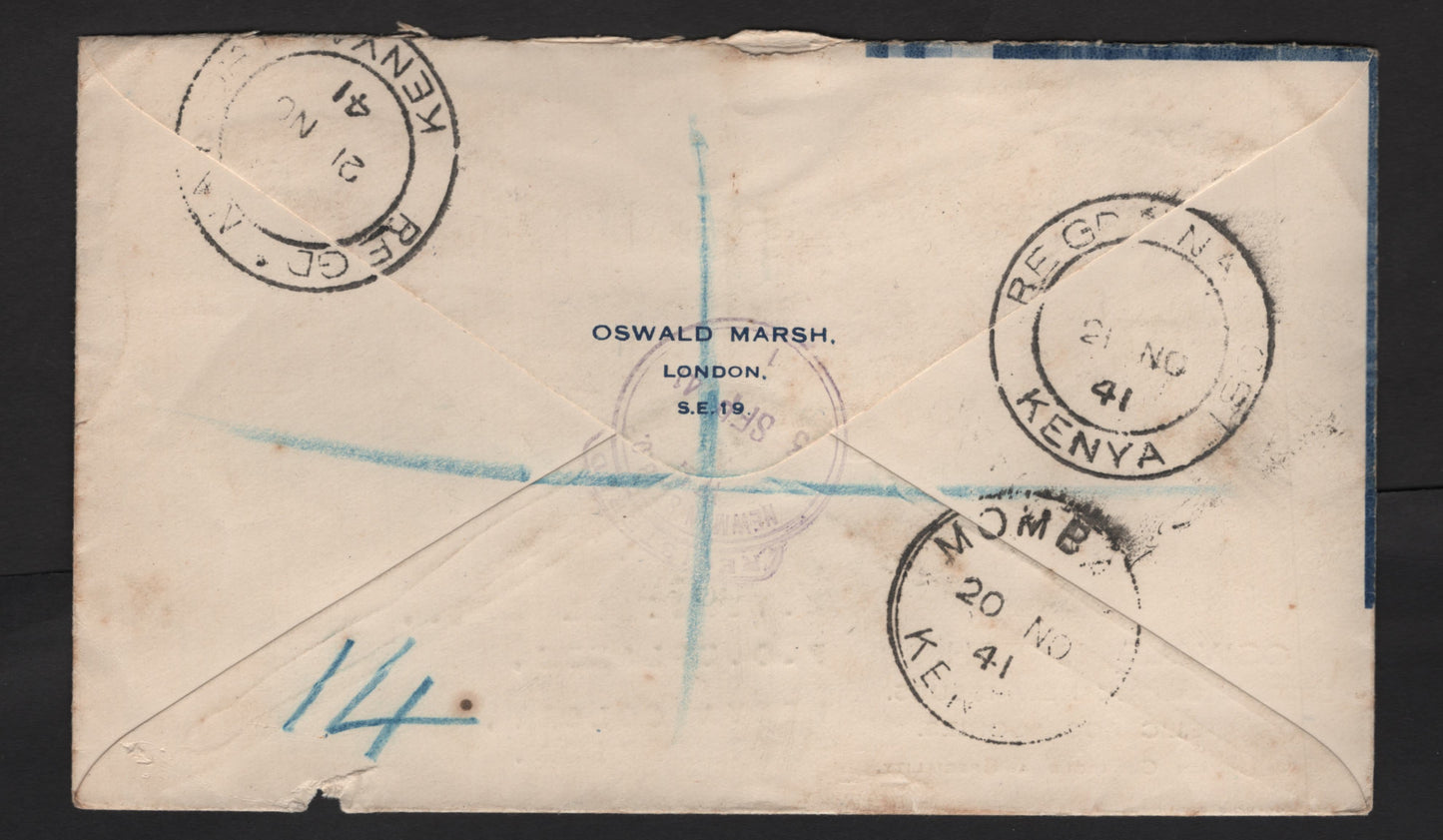 Lot 326 Great Britain SG#464, 465avar 1.5d - 2d Red Brown - Orange King George VI, 1937-1947 KGVI Issue, A Fine Used Cover, Franked With Coil Pair & Single, Illustrated Oswald Marsh Cover To Kenya Sent Sept 1941