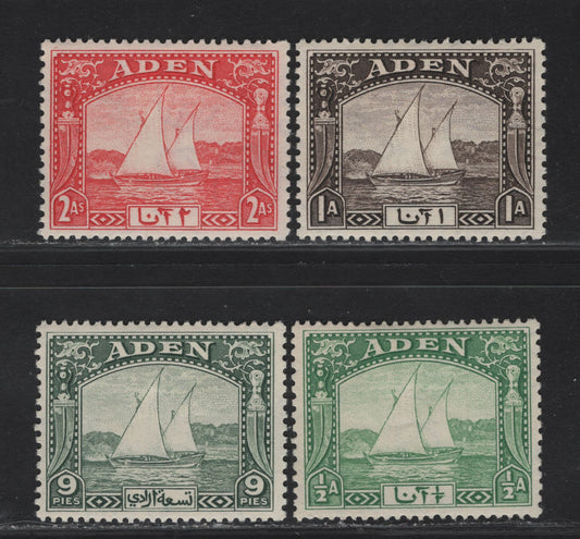 Lot 327 Aden SG#1-4 1/2a - 2a Yellow Green - Scarlet Dhow, 1937 Dhow Design Definitives, 4 VFOG Singles