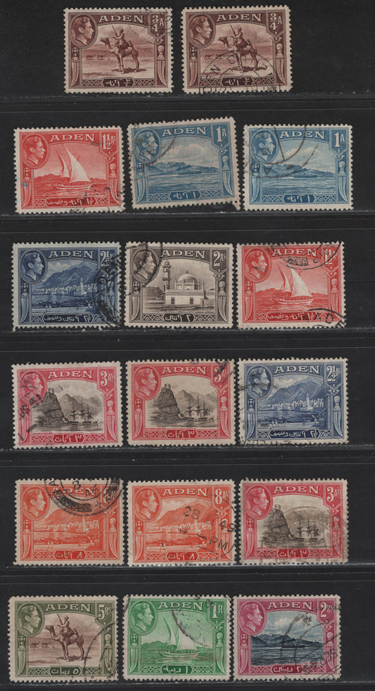 Lot 329 (C)Aden SG#17-23, 24-26 3/4a - 5r Red Brown - Red Brown & Olive Green Adenese Camel Corps - Adenese Dhow, 1939-1948 KGVI Waterlow Pictorial Issue, 17 Fine/Very Fine Used Singles, Some Different Printings