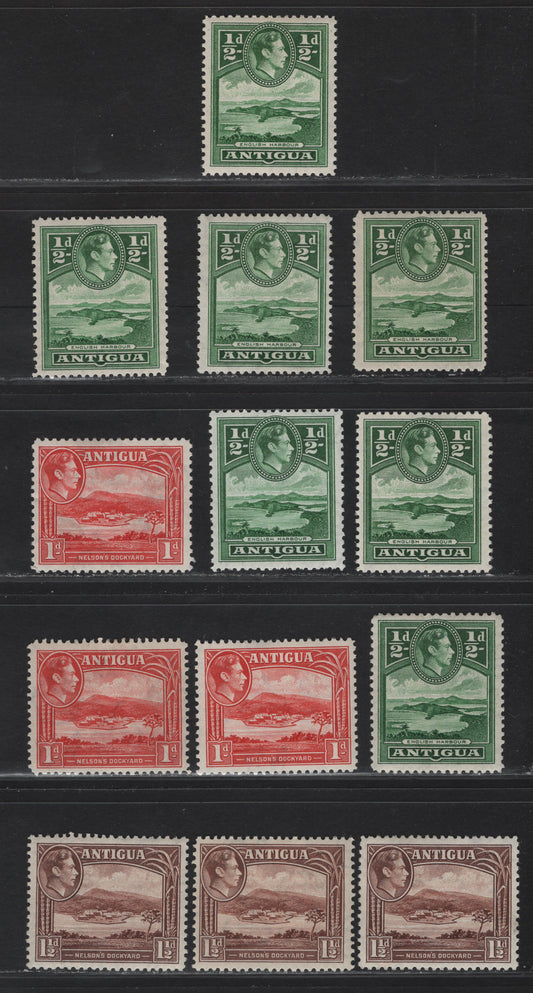Lot 332 (C)Antigua SG#98-100b 1/2d - 1.5d Blue Green - Lake Red English Harbor - Nelson's Dockyard, 1938-1951 KGVI Pictorial Issue, 13 F/VFOG/NH Singles, Mix Of 1938, Wartime & Peacetime Printings On 1/2d, Listed Prewar & Postwar Printings On 1d