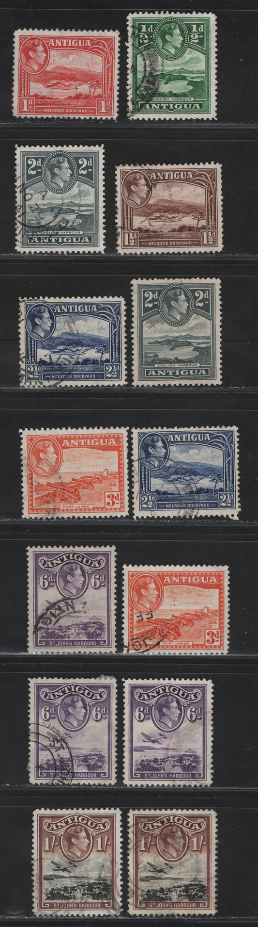 Lot 334 (C)Antigua SG#98, 99a, 100-105a 1/2d - 1/- Deep Blue Green - Black & Red Brown English Harbor - St John's Harbor, 1938-1951 KGVI Pictorial Issue, 14 Fine/Very Fine Used Singles