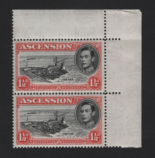 Lot 335 Ascension SG#40c 1.5d Black & Vermillion The Pier, 1938-1953 KGVI Pictorial Issue, A VFNH UR Corner Margin Pair, Perf 14, 1949 Printing