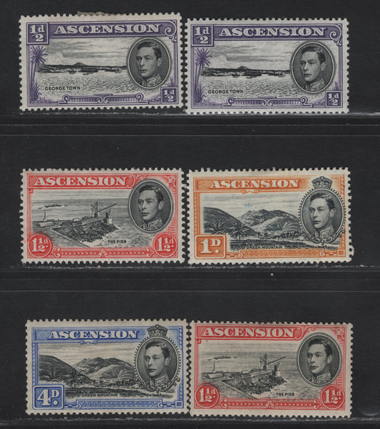 Lot 336 (C)Ascension SG#38b, 39b, 40,b, 42d 1/2d - 4d Black & Bluish Violet - Black & Ultramarine Georgetown - The Pier, 1938-1953 KGVI Pictorial Issue, 6 F/VFOG Singles, Perfs 13 & 13.5, 1938 & 1944 Printings