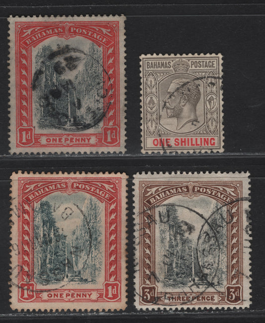 Lot 337 Bahamas SG#75b, 77, 111, 123 1d - 1/- Deep Carmine Red 7 Bray Black - Brownish Gray Carmine Queens Staircase - King George V, 1911-1937 Queens Staircase - KGV Keyplate Issue, 4 Fine/Very Fine Used Singles, Script CA Wmk