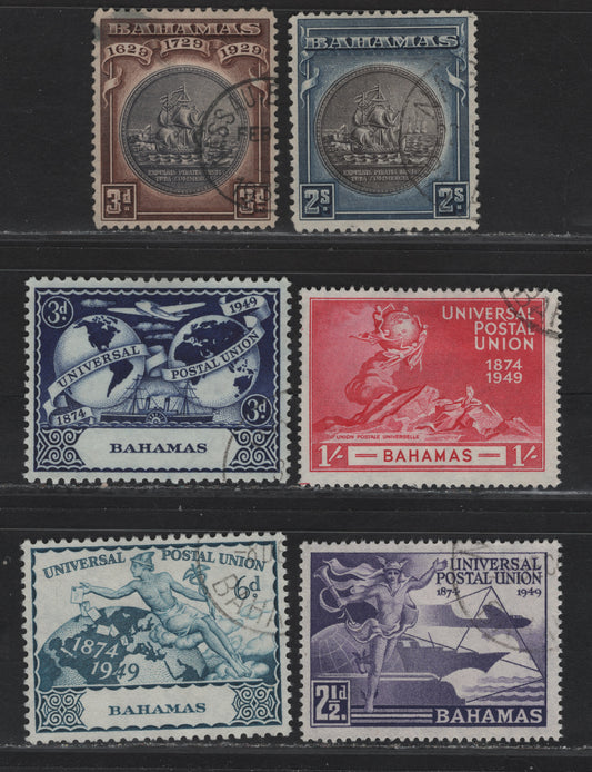 Lot 338 (C)Bahamas SG#127, 131b, 196-199 3d - 1/- Slate Violet & Deep Brown - Carmine Great Seal of the Bahamas - Monument, 1930-1949 Tercentenary of Colony - UPU Issues, 6 Fine/Very Fine Used Singles, 2/- Is A 1943 Printing In Brownish Black & Indigo