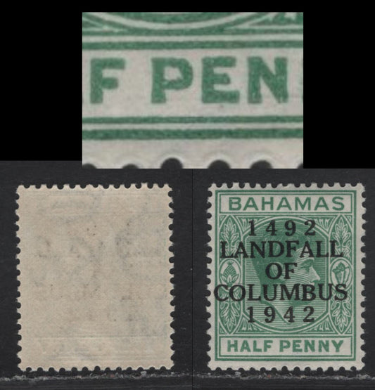 Lot 343 (C)Bahamas SG#162a 1/2d Bluish Green King George VI, 1942 450th Anniv Of Landing of Columbus Issue, A VFOG Single, Landfall Overprint Showing Elongated E