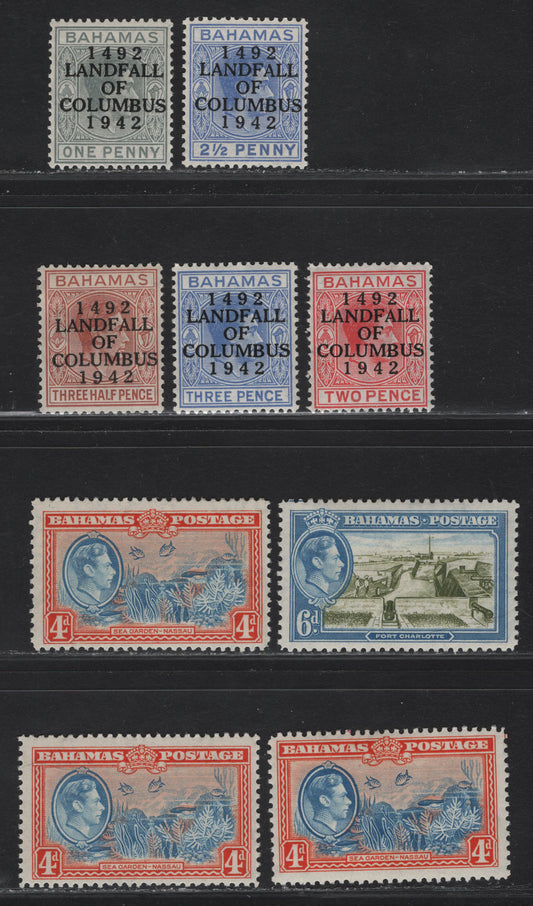 Lot 345 (C)Bahamas SG#158-159, 163-167 4d - 3d Light Blue & Red Orange - Ultramarine Sea Garden - King George V, 1938-1942 KGVI Pictorial Issues, 7 F/VFOG Singles, Different Printings Of the 4d, Showing Differences In The Blue