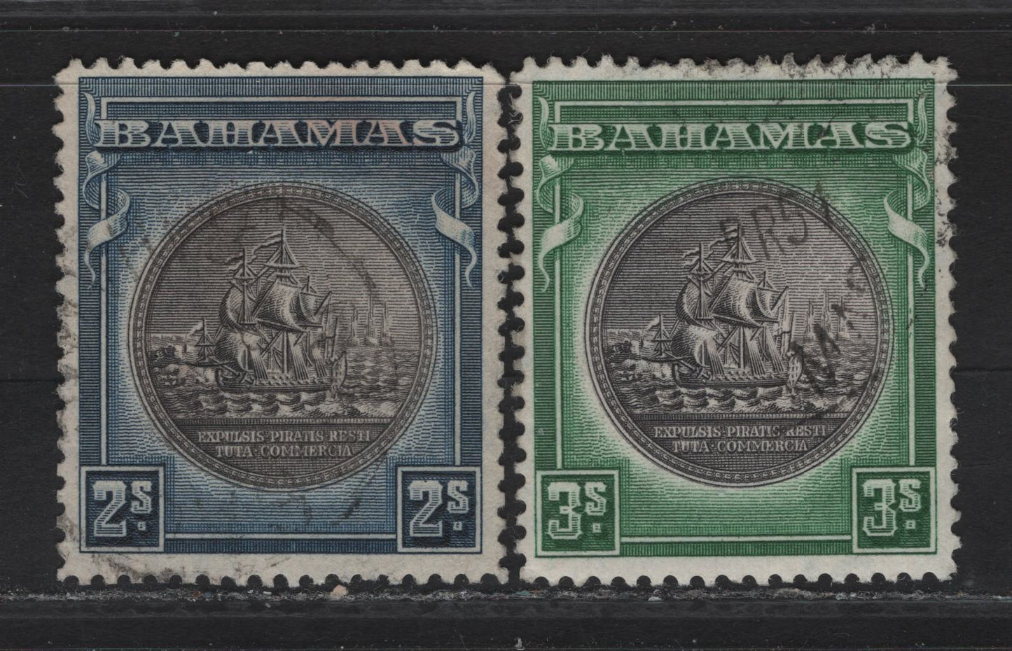 Lot 346 (C)Bahamas SG#131a, 132 2/- 3 /- Brownish Black & Indigo - Slate Violet & Myrtle Green Great Seal of the Bahamas, 1931-1943 Badge of the Colony Issue, 2 Fine/Very Fine Used Singles