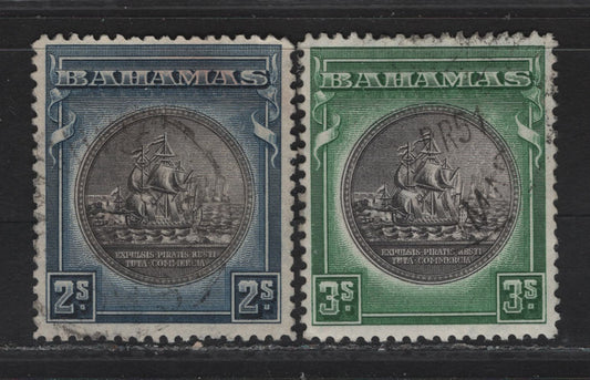 Lot 346 (C)Bahamas SG#131a, 132 2/- 3 /- Brownish Black & Indigo - Slate Violet & Myrtle Green Great Seal of the Bahamas, 1931-1943 Badge of the Colony Issue, 2 Fine/Very Fine Used Singles