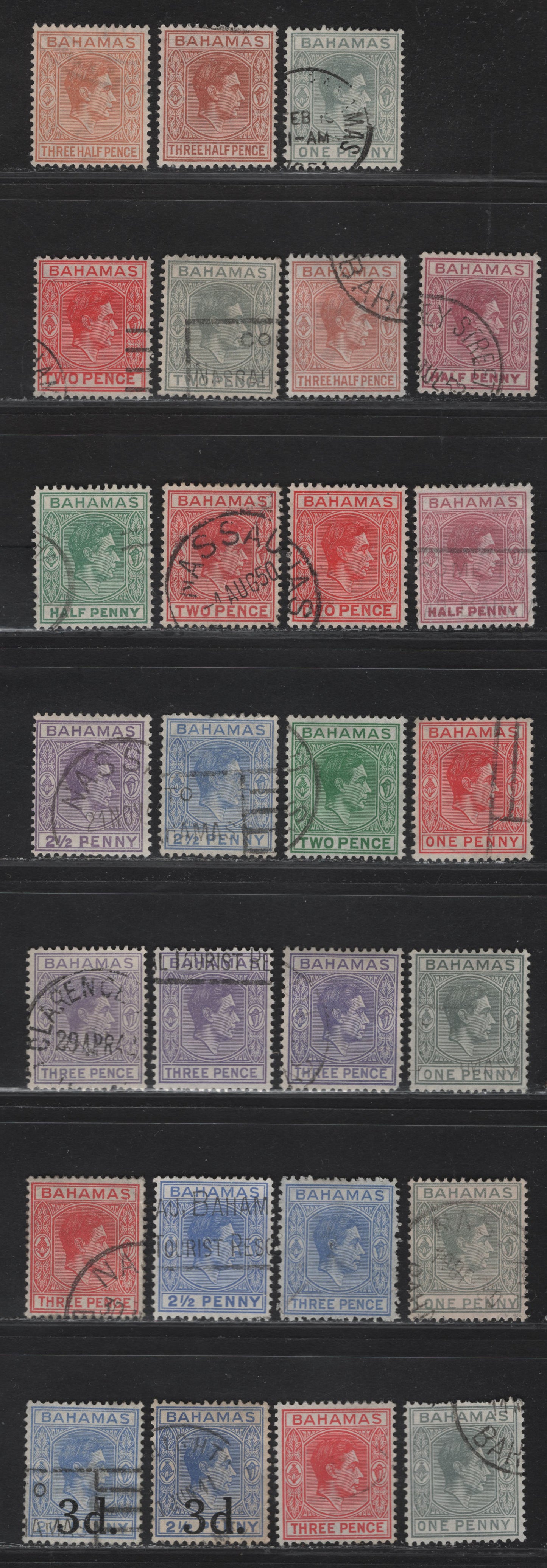 Lot 349 (C)Bahamas SG#149e, 150,a,ab, 151-a, 152,b,bc,c, 153-a, 154,a-b, 161 1/2d - 3d Brown Purple - Scarlet King George VI, 1938-1952 KGVI Issue, 27 Fine/Very Fine Used Singles, Shade Varieties