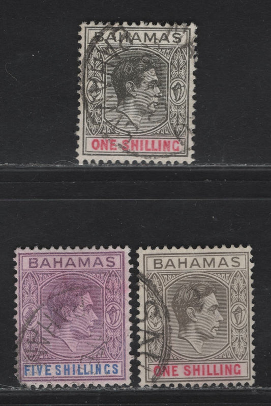 Lot 351 Bahamas SG#155c, 155d, 156c 1/- - 5/- Gray Black & Bright Crimson - Dull Mauve & Deep Blue King George VI, 1938-1952 KGVI Issue, 3 Fine/Very Fine Used Singles, Ordinary & Chalky Papers, 1944, 1946 & 1948 Printings