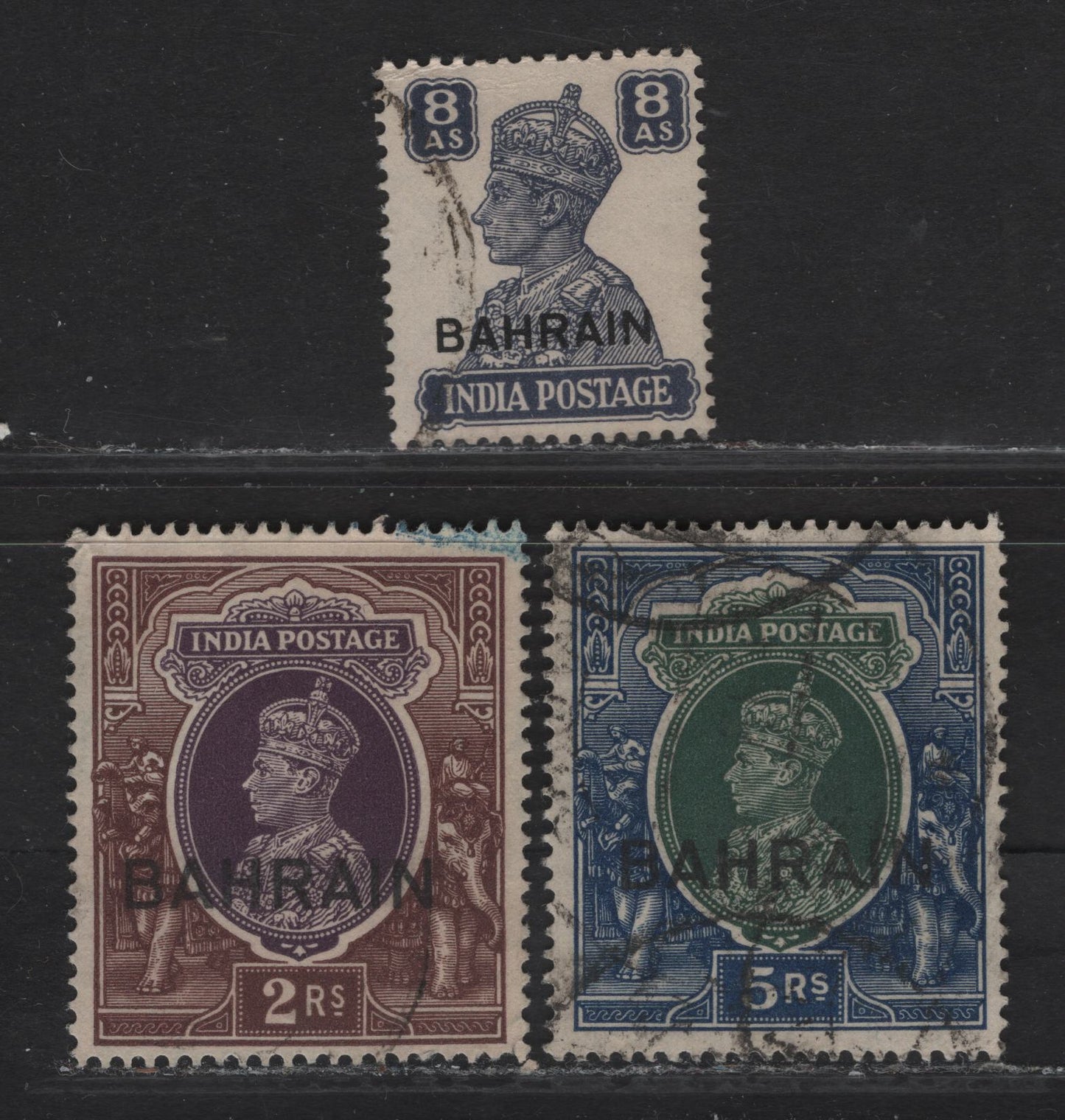 Lot 352 Bahrain SG#33-34, 49 2r - 8a Purple & Brown - Slate Violet King George VI, 1938-1945 KGVI Keyplate Issue, 3 Very Good/Fine/Very Fine Used Singles, 5r Has A Small Corner Crease