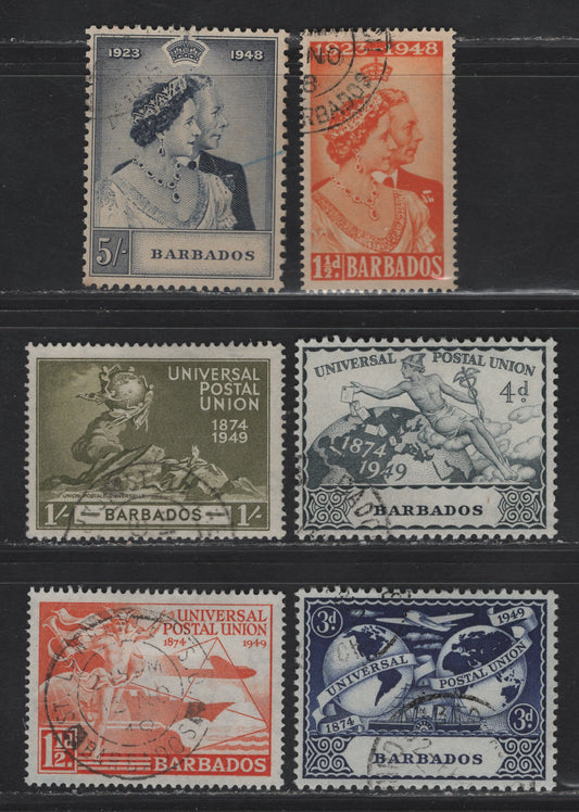 Lot 353 (C)Barbados SG#265-270 1.5d - 1/- Orange - Olive King George VI & Queen Elizabeth - Monument, 1948-1949 Silver Wedding - UPU Issues, 6 Fine/Very Fine Used Singles