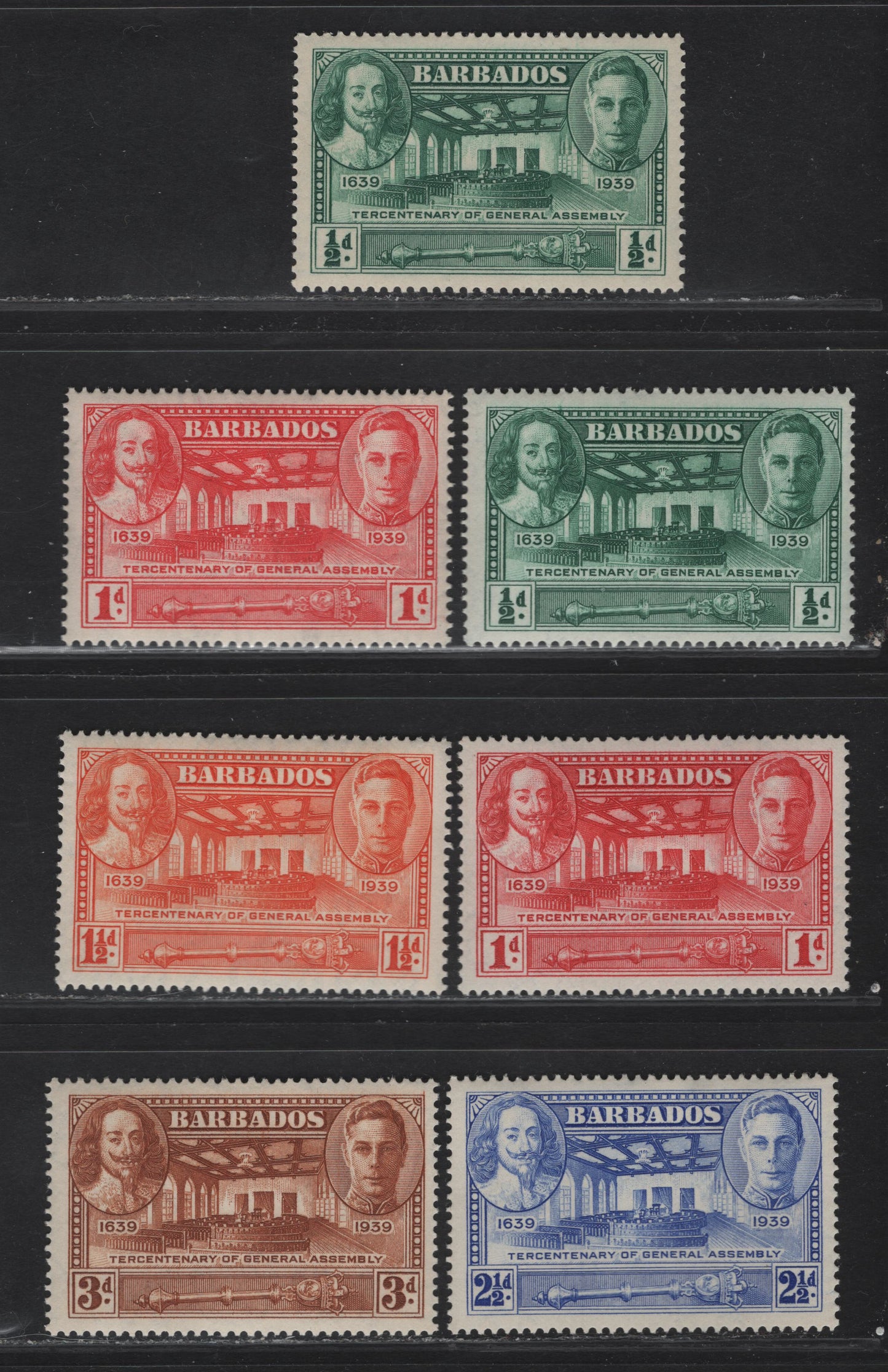 Lot 354 Barbados SG#257-261 1/2d - 3d Green - Brown King Charles 1 & King George VI, 1939 Tercentenary of General Assembly Issue, 7 VFOG Singles, Two Shades Of 1/2d & 1d