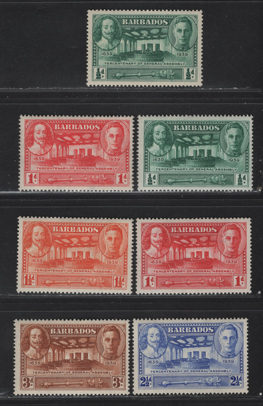 Lot 354 Barbados SG#257-261 1/2d - 3d Green - Brown King Charles 1 & King George VI, 1939 Tercentenary of General Assembly Issue, 7 VFOG Singles, Two Shades Of 1/2d & 1d
