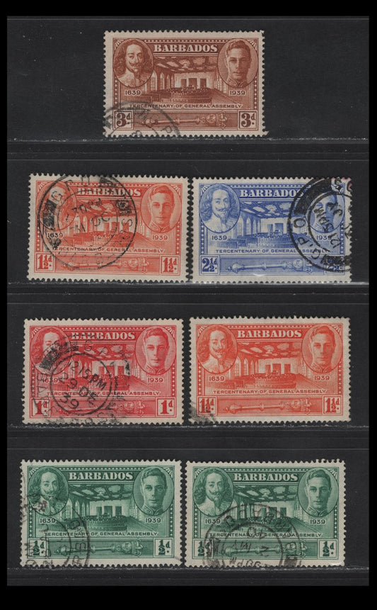Lot 355 (C)Barbados SG#257-261 1/2d - 3d Green - Brown King Charles 1 & King George VI, 1939 Tercentenary of General Assembly Issue, 7 Very Fine Used Singles, Two Shades Of 1/2d & 1.5d