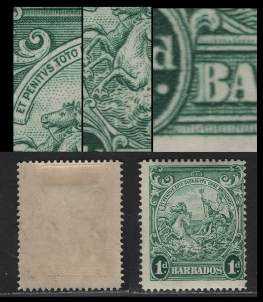 Lot 356 Barbados SG#249evar 1d Blue Green Badge of the Colony, 1938-1947 Badge of the Colony Issue, A FOG Single, Perf 14, Vertical Plate Crack Through B of Barbados, Unlisted In Gibbons, But Similar To Other Listed Flaws.