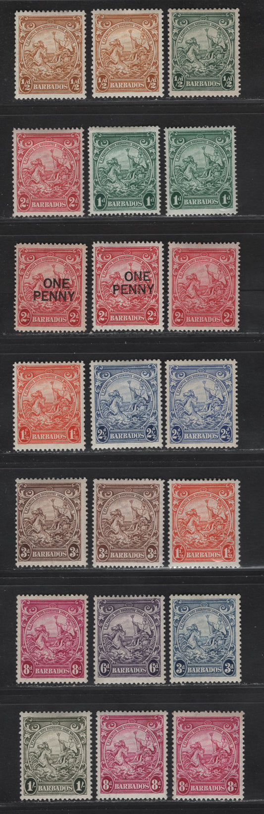 Lot 357 (C)Barbados SG#248,c, 249c, 250d,e, 264,e, 251,b, 250, 252, 252b, 252c, 254, 254a, 255 1/2d - 1/- Green - Olive Green Badge of the Colony, 1938-1947 Badge of the Colony Issue, 16 F/VFOG Singles, Perfs 13.5x13 & 14, Additional Shades