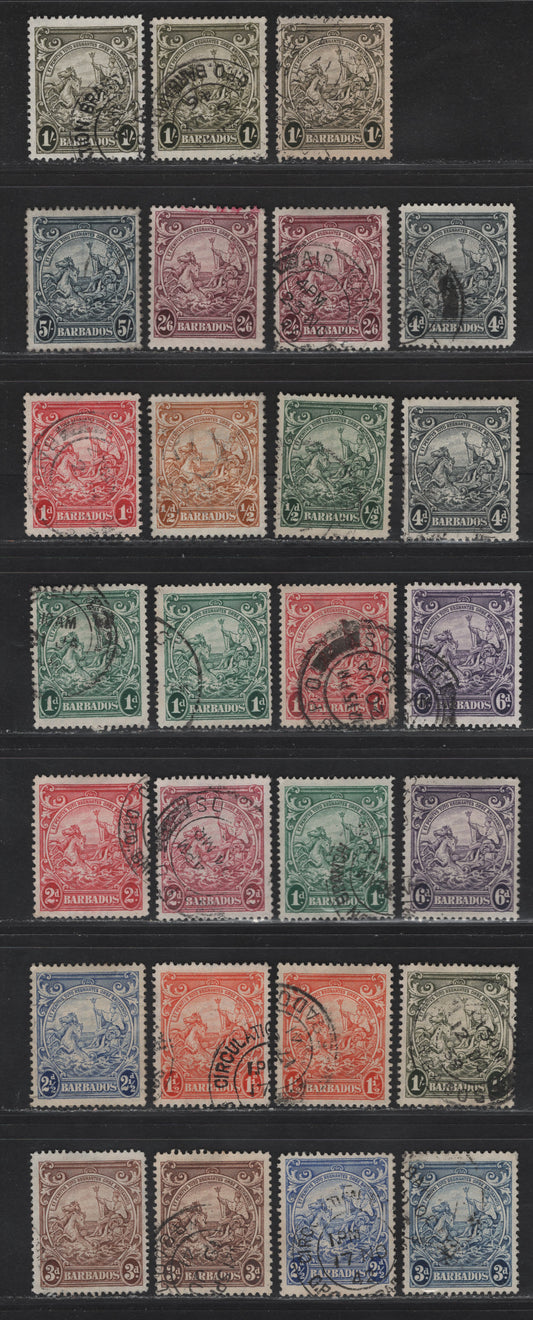Lot 358 (C)Barbados SG#248-254, 255-256a 1/2d - 5/- Green - Indigo Badge of the Colony, 1938-1947 Badge of the Colony Issue, 27 Fine/Very Fine Used Singles, Includes Both perf 13.5x13 & 14 For All Values Except 1/2, Additional Shades