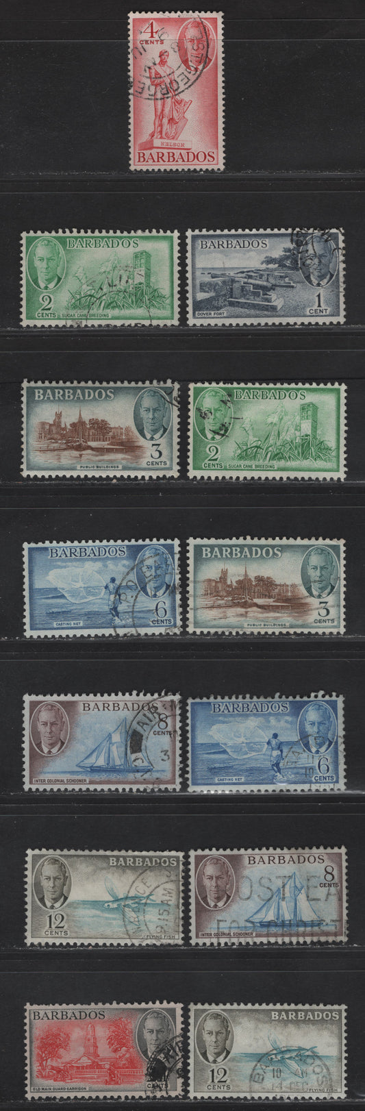 Lot 359A (C)Barbados SG#271-278 1c - 24c Indigo - Scarlet & Black Dover Fort - Old Main Guard Garrison, 1950 Pictorial Issue, 13 Very Fine Used Singles, Shade Variations Of Nearly Every Value