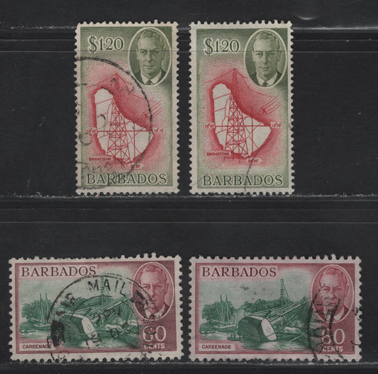 Lot 360 (C)Barbados SG#280-281 60c -$1.20 Green & Claret - Carmine & Olive Green Careenage - Map of Barbados, 1950 Pictorial Issue, 4 Very Fine Used Singles, Two Different Printings Of Each Showing Different Shades