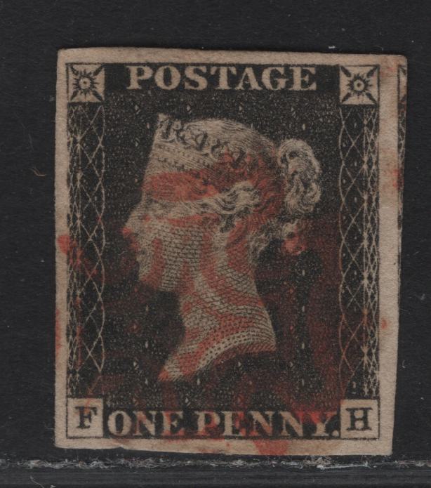 Lot 36 Great Britain SC#1 1d Black Queen Victoria, 1840 Line Engraved Issue, A Very Fine Used Imperf Single, Full Margins on All Sides