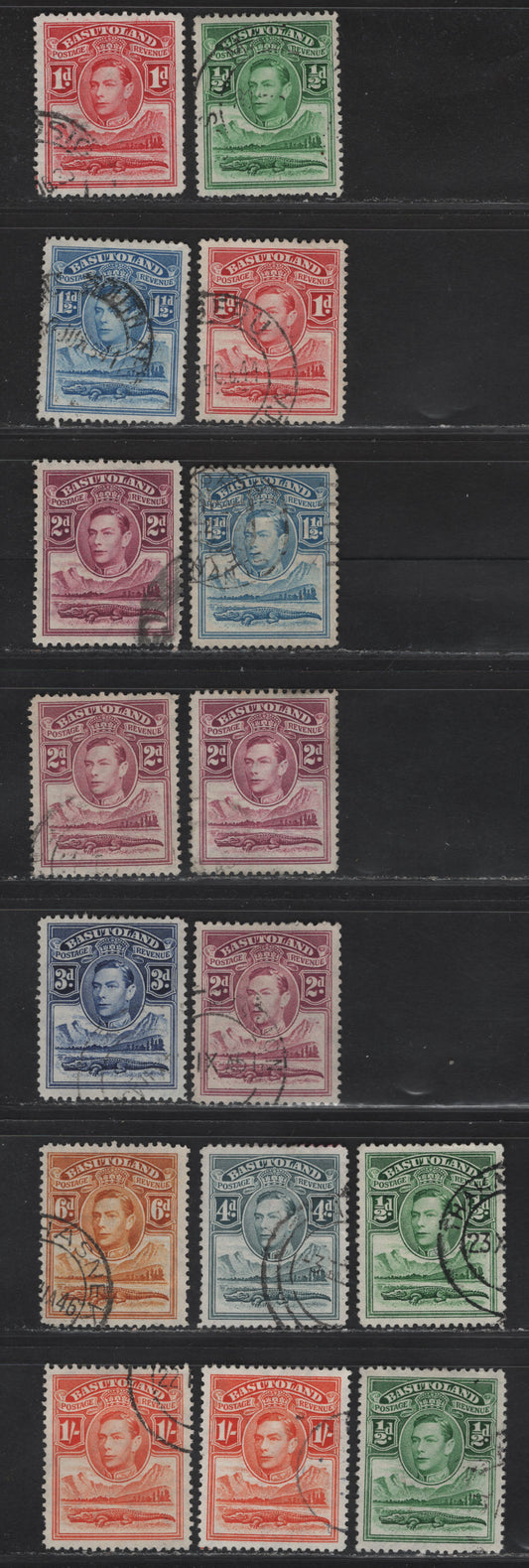 Lot 363 (C)Basutoland SG#18-25 1/2d - 1/- Green & Orange King George VI & Nile Crocodile, 1935 KGVI Pictorial Issue, 16 Fine/Very Fine Used Singles, Different Printings Corresponding To Different Shades