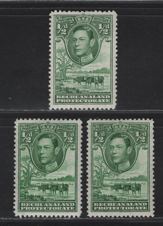Lot 365 (C)Bechuanaland SG#118,b,c 1/2d Green - Deep Green King George VI, Baobab Tree & Cattle, 1938-1952 KGVI Pictorial Issue, 3 VFOG Singles, 1942, 1943 & 1949 Printings