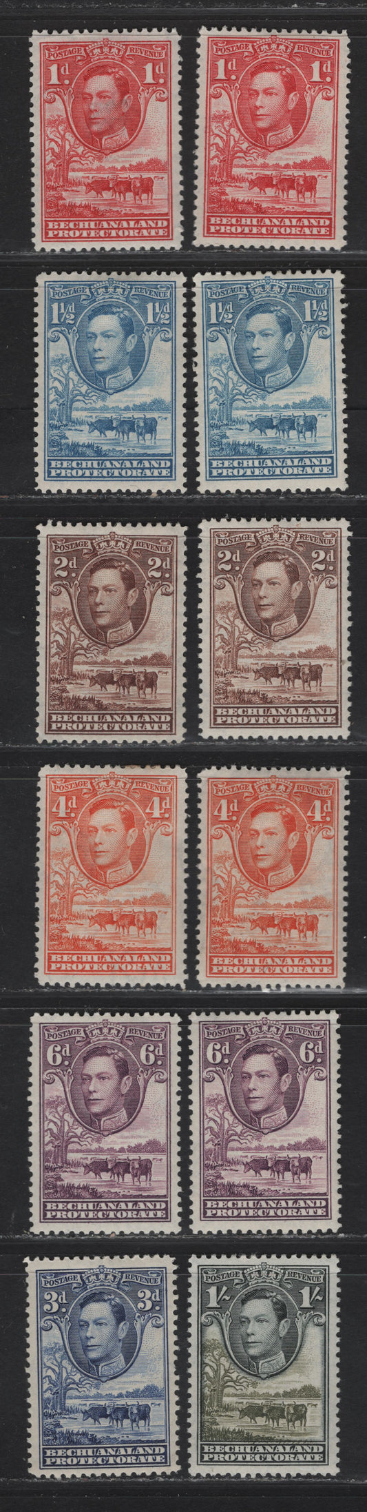 Lot 366 (C)Bechuanaland SG#119-121, 120a, 122-123, 124a, 125 1d - 1/- Scarlet - Black & Brown Olive King George VI, Baobab Tree & Cattle, 1938-1952 KGVI Pictorial Issue, 12 VFOG Singles, Mostly Wartime Printings With 3d & 4d Being 1938, 1/- Being Postwar