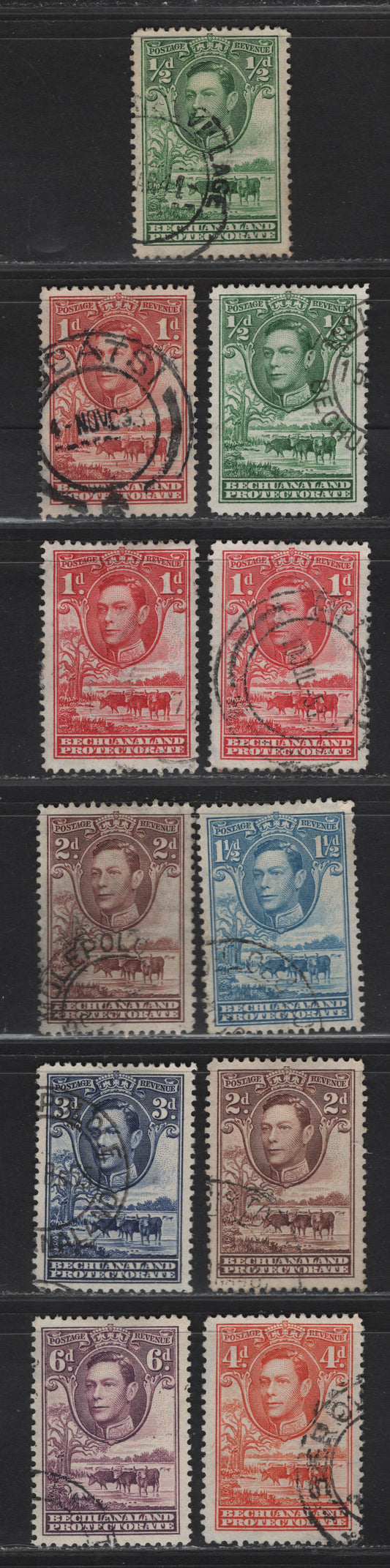 Lot 367 Bechuanaland SG#118-119, 120a, 121-123, 124a 1/2d - 6d Green - Purple King George VI, Baobab Tree & Cattle, 1938-1952 KGVI Pictorial Issue, 11 Fine/Very Fine Used Singles, Different Shades