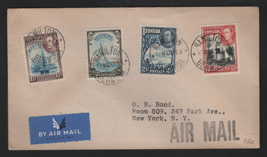 Lot 368 Bermuda SG#111-114 1.5d - 3d Deep Blue & Purple Brown - Black & Rose Red Ships - St. David's Lighthouse, 1938-1952 KGVI Pictorial Issue, A Very Fine Used Cover, Combination Usage On Philatelic Airmail Cover To NY, March 11 1938