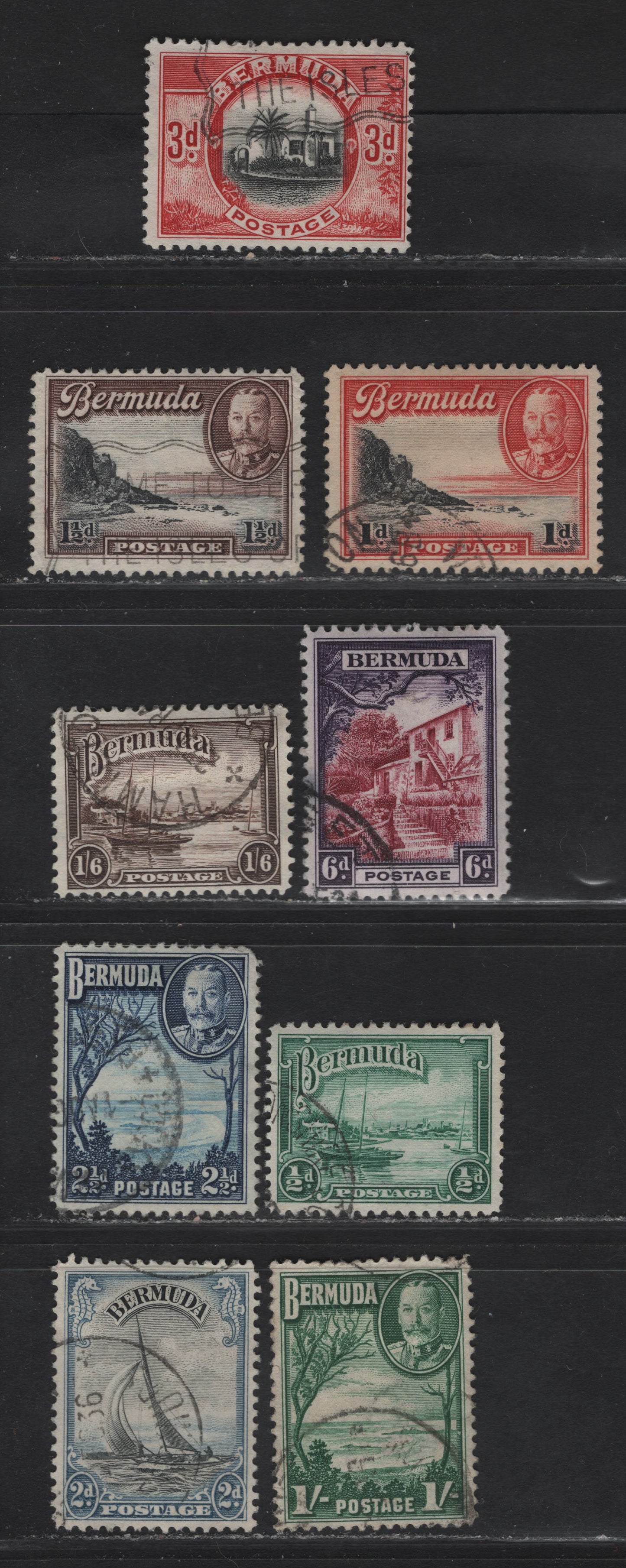 Lot 369 (C)Bermuda SG#98-106 1/2d - 1/6d Blue Green - Brown King George V, 1936 KGV Pictorial Issue, 9 Fine/Very Fine Used Singles, Line Perf 11.9, 1/- Has Light Corner Bend