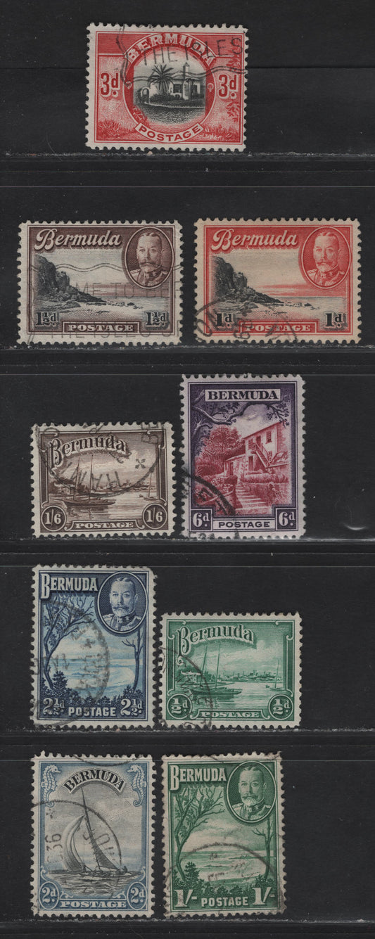 Lot 369 (C)Bermuda SG#98-106 1/2d - 1/6d Blue Green - Brown King George V, 1936 KGV Pictorial Issue, 9 Fine/Very Fine Used Singles, Line Perf 11.9, 1/- Has Light Corner Bend
