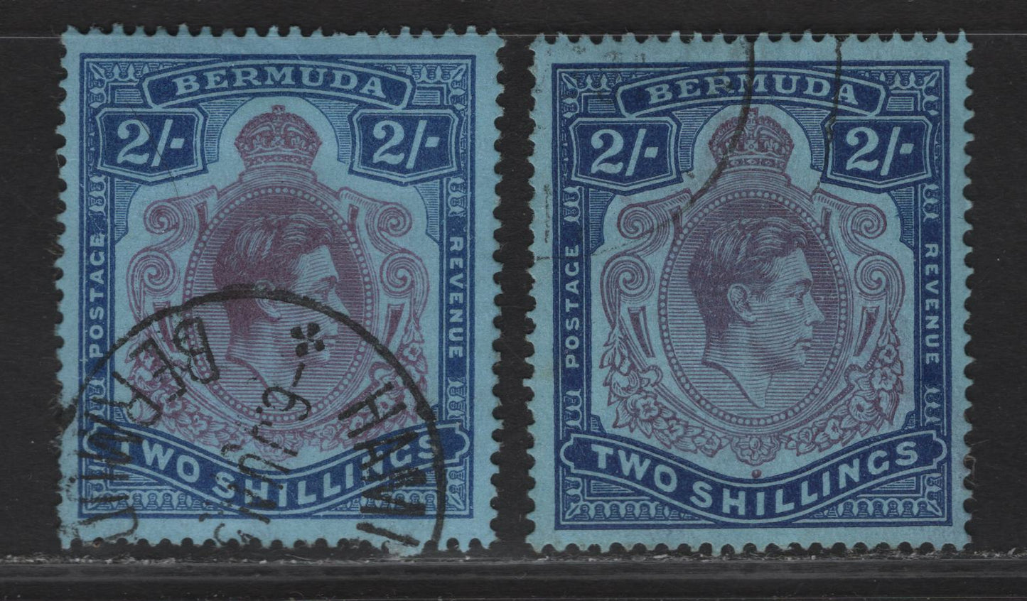 Lot 373 (C)Bermuda SG#116c-d 2/- Purple & Blue on Deep Blue - Dull Purple & deep Blue on Pale Blue King George VI, 1938-1953 KGVI Keyplate Issue, 2 Very Fine Used Singles, Ordinary Paper, Perf 14