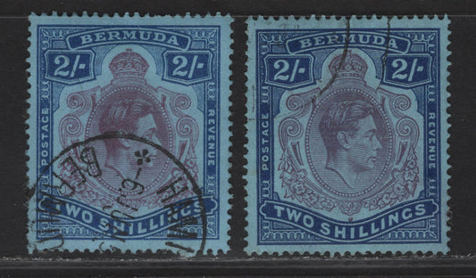 Lot 373 (C)Bermuda SG#116c-d 2/- Purple & Blue on Deep Blue - Dull Purple & deep Blue on Pale Blue King George VI, 1938-1953 KGVI Keyplate Issue, 2 Very Fine Used Singles, Ordinary Paper, Perf 14