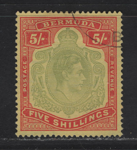 Lot 374 (C)Bermuda SG#118d 5/- Pale Bluish Green & Carmine Red on Pale Yellow King George VI, 1938-1953 KGVI Keyplate Issue, A Very Fine Used Single, Ordinary Paper, Perf 14