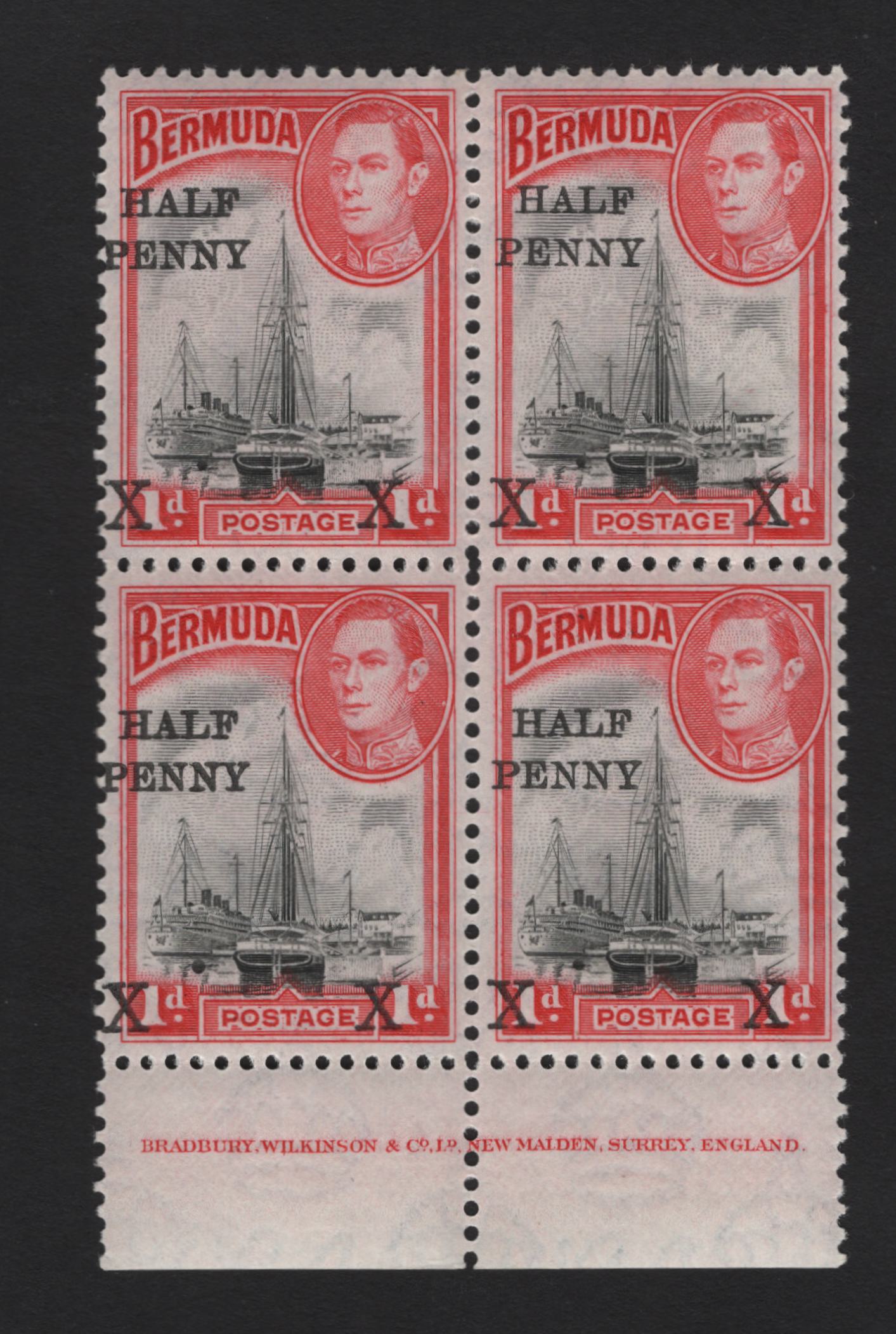 Lot 376 Bermuda SG#122 1/2d on 1d Black & Rose Red Ships, 1938-1953 Surcharge Issue, A VFNH Bottom Block Of 4, Showing 12.5 Spacing Between Penny & X On The Bottom Row, 14mm On The Top