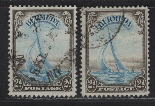 Lot 378 (C)Bermuda SG#112 2d - 1/- Ultramarine & Sepia Lucie, 1938-1953 KGVI Keyplate Issue, 2 Fine/Very Fine Used Singles, Line Perf 11.9, 2 Shades of Blue In Center