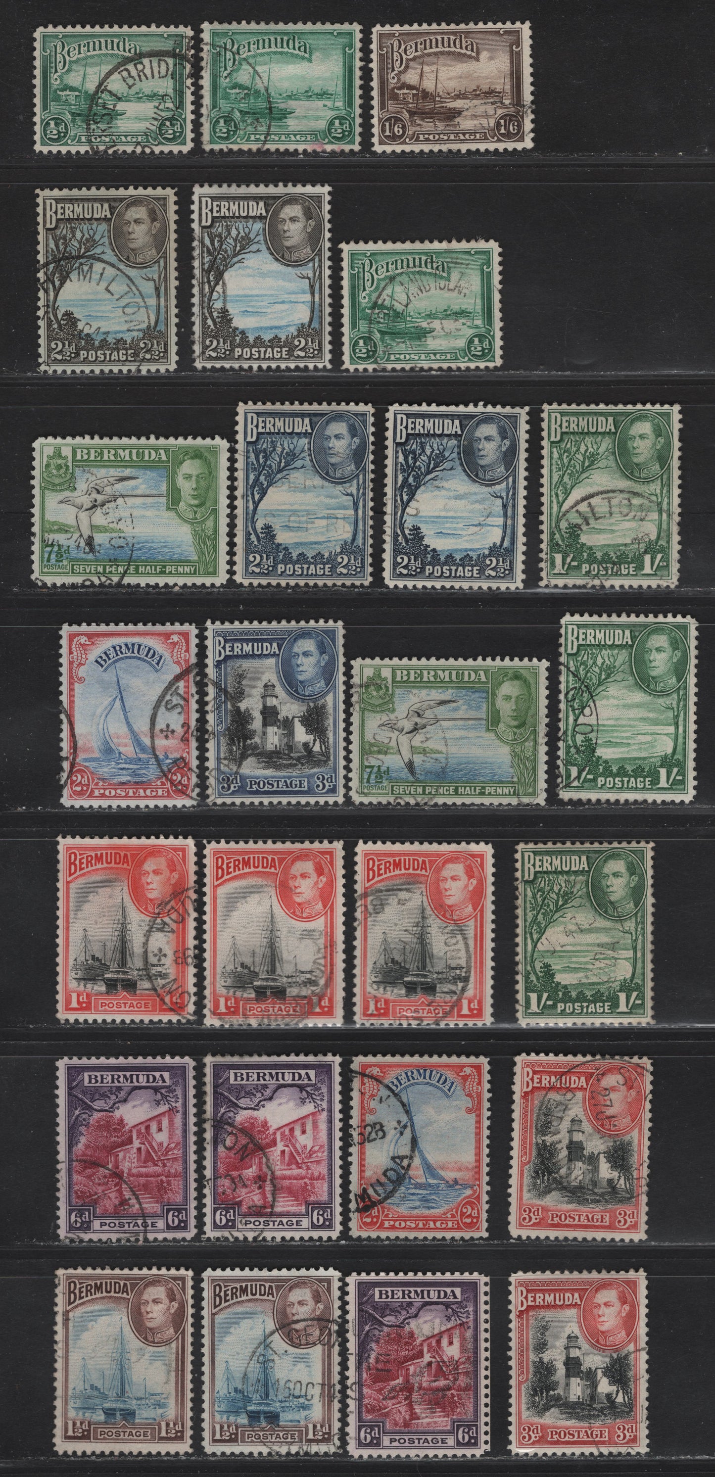 Lot 381 Bermuda SG#98, 104,a, 106, 110-111, 112a, 113-a, 114-115 1/2d - 1/- Bright Emerald - Green Red Hole, Paget - Grape Bay, 1936-1952 KGVI Pictorial Issue, 26 Fine/Very Fine Used Singles, Extra Shades, All Line Perf 11.9