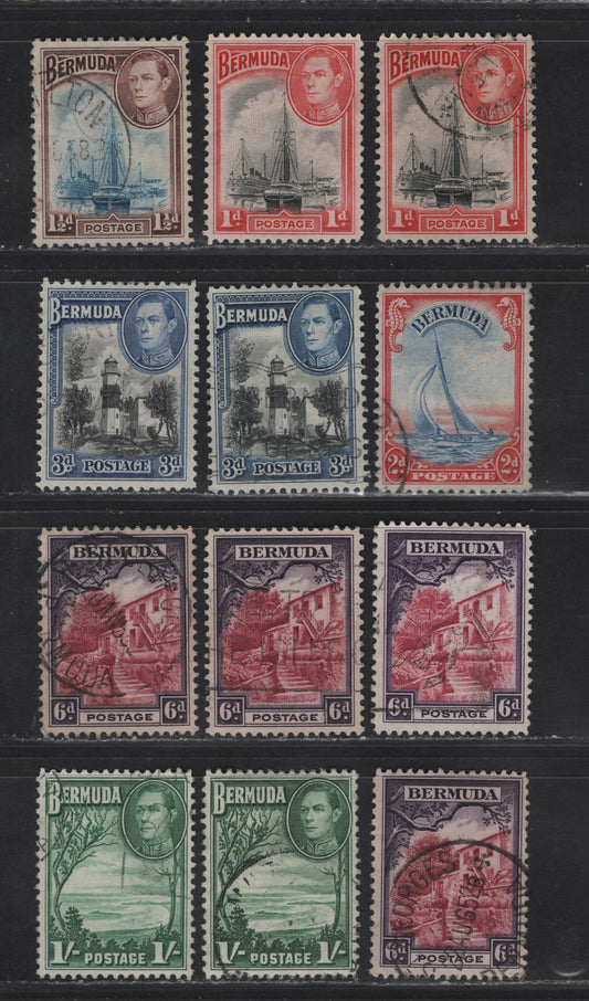 Lot 382 Bermuda SG#110, 111b, 112a, 114a, 104-a, 115a 1d - 1/- Black & Rose Red - Bluish Green King George VI, 1936-1952 KGVI Pictorial Issue, 12 Fine/Very Fine Used Singles, Comb Perf 11.9x11.75, Shade Variations
