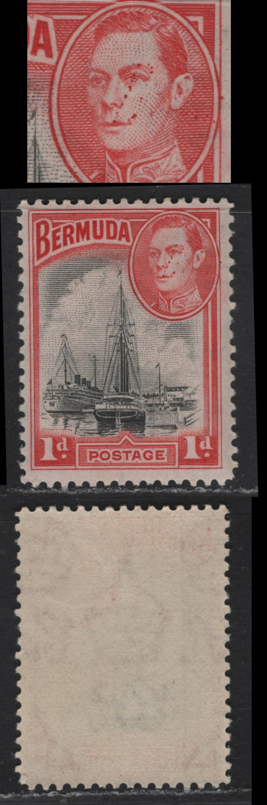 Lot 385 Bermuda SG#110var 1d Rose Red & Black Ships, 1936-1952 KGVI Pictorial Issue, A VFNH Single, Line Perf 11.9, Ink Splatter On King's Face, Unusual For Bradley Wilkinson Issues, Unlisted.