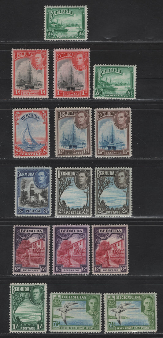 Lot 387 Bermuda SG#98, 104,a, 110-111,b, 112a, 113a-b, 114a-c, 115 1/2d - 1/- Bright Emerald - Green, 1936-1952 KGVI Pictorial Issue, 16 VFNH Singles, Wartime & Postwar Printing pre-1950 Line Perf Printings, Including Listed & Unlisted Shades