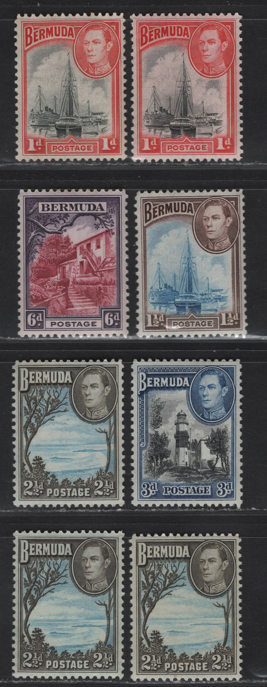 Lot 389 Bermuda SG#110, 111b, 1104a, 113c, 114a 1d - 3d Black & Red - Black & Deep Blue Ships - St David's Lighthouse, 1936-1952 KGVI Pictorial Issue, 8 VFNH Singles, Comb Perf Printings 11.9x11.75