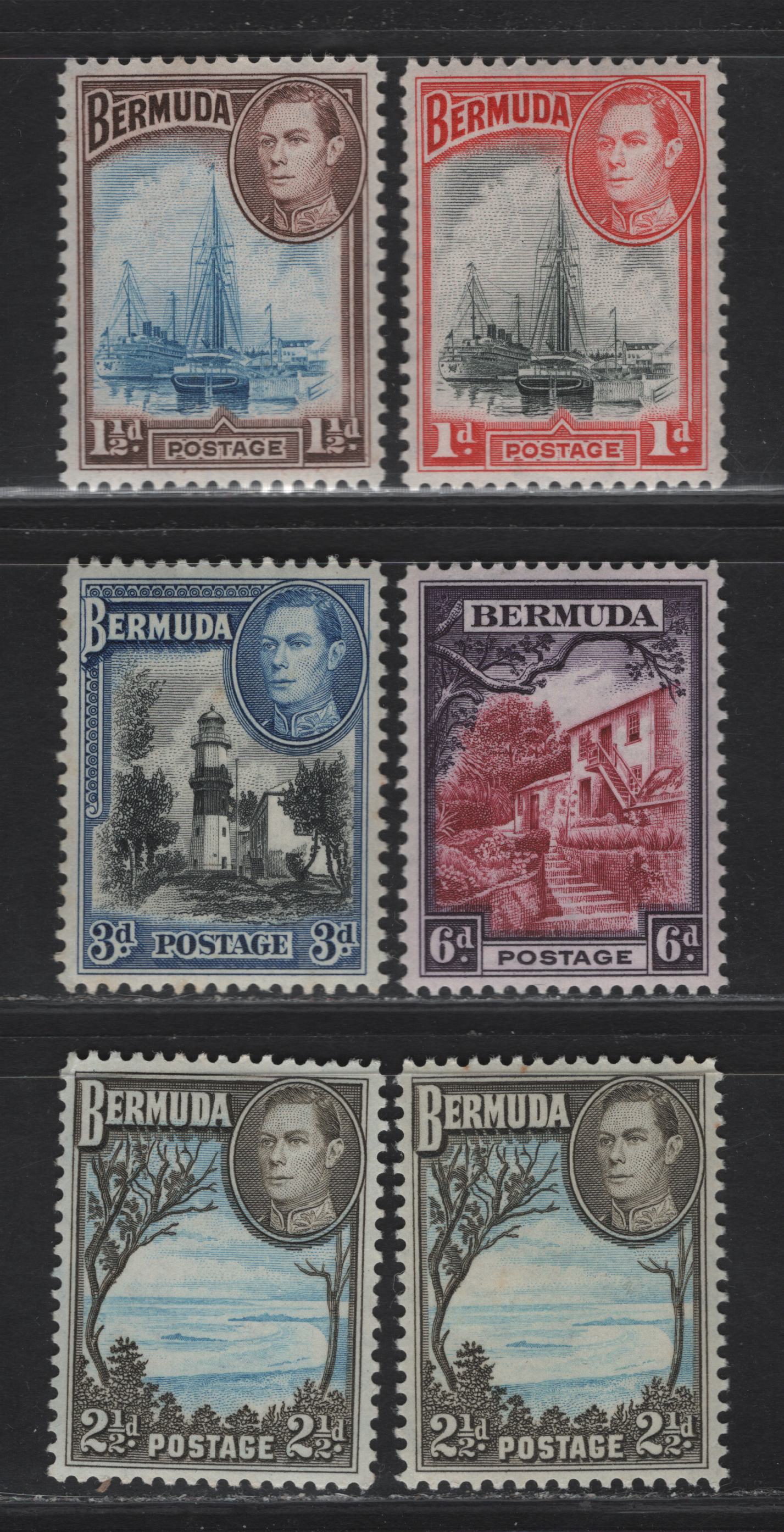 Lot 390 Bermuda SG#110, 111c, 1104a, 113c, 114a 1d - 3d Black & Red - Bright Blue & Sepia Black Ships - St David's Lighthouse, 1936-1952 KGVI Pictorial Issue, 6 VFNH Singles, Comb Perf Printings 11.9x11.75